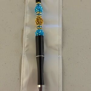 Home made Blue and Gold  Bejeweled Beaded refillable ballpoint Pen